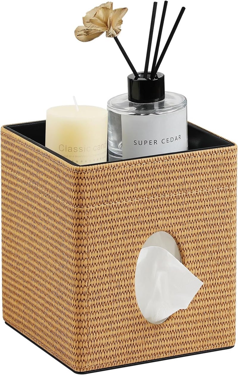 Cretkhp Tissue Box Cover, PU Leather Square Tissue Box Holder with Storage Tray for Bathroom Vanity Countertop Night Stands Bedroom Office Desk, Stylish Tissue Holder Decorative Organizer (Yellow Rattan) - Image 1